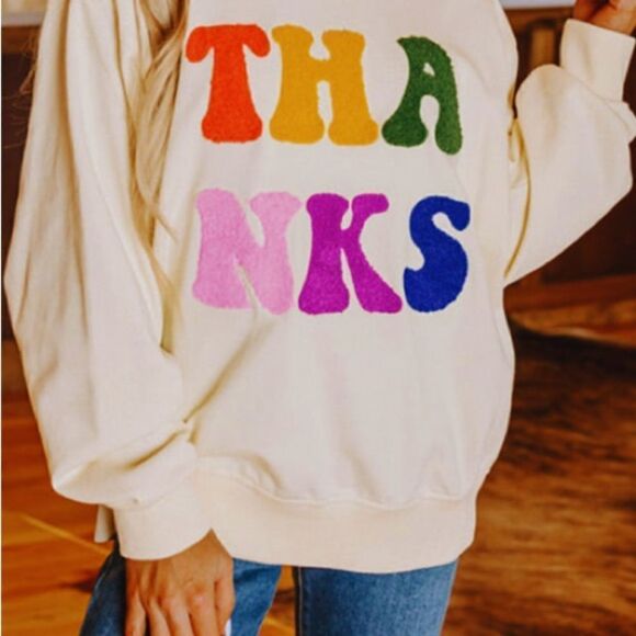 THANKS Thanksgiving Chenille Letters Sweatshirt - Picture 2 of 4